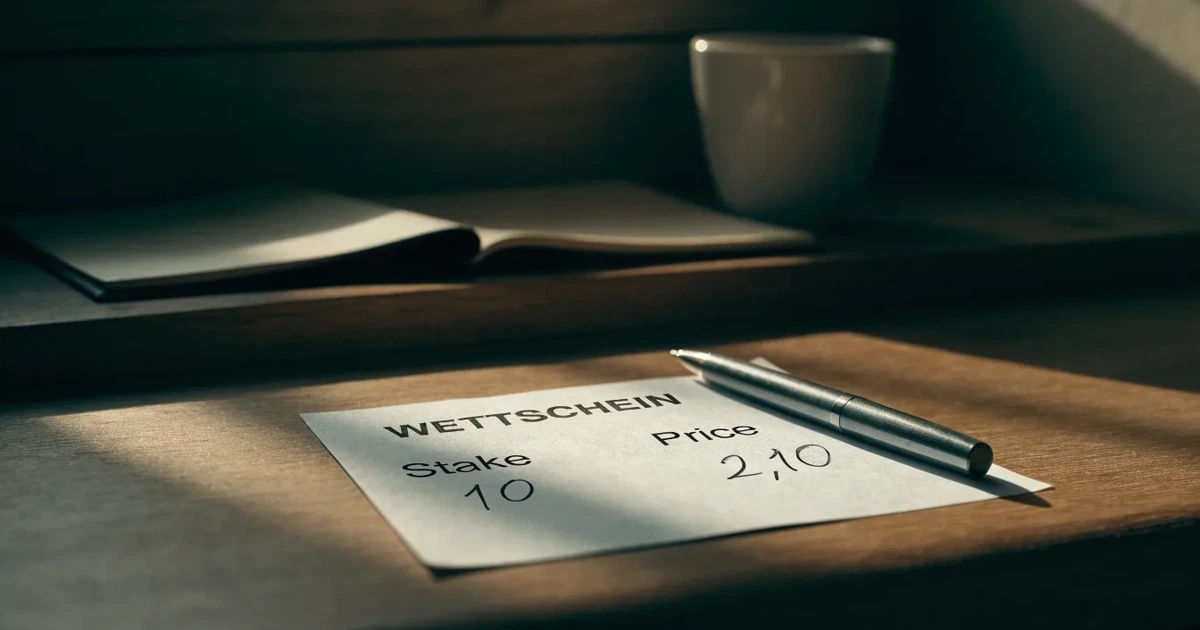 Ein leerer Wettschein aus Papier liegt neben einem Stift auf einer hölzernen Theke, weiches Licht fällt von der Seite ein.