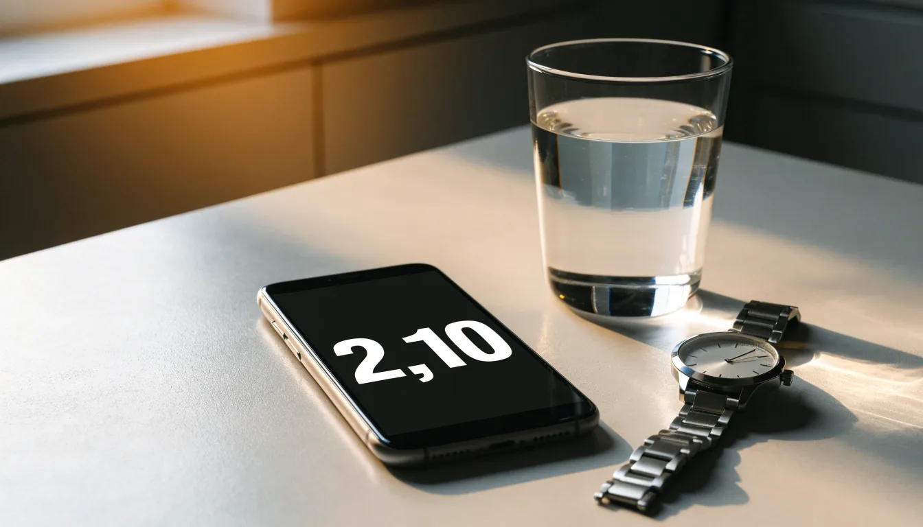 Ein Smartphone liegt mit dem Display nach unten auf einem Küchentisch, daneben stehen ein Glas Wasser und eine Armbanduhr.