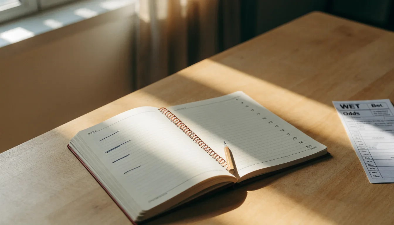 Ein Notizbuch mit handschriftlichen Notizen und ein Bleistift liegen auf einem Schreibtisch am Fenster, draußen fällt Morgenlicht herein.