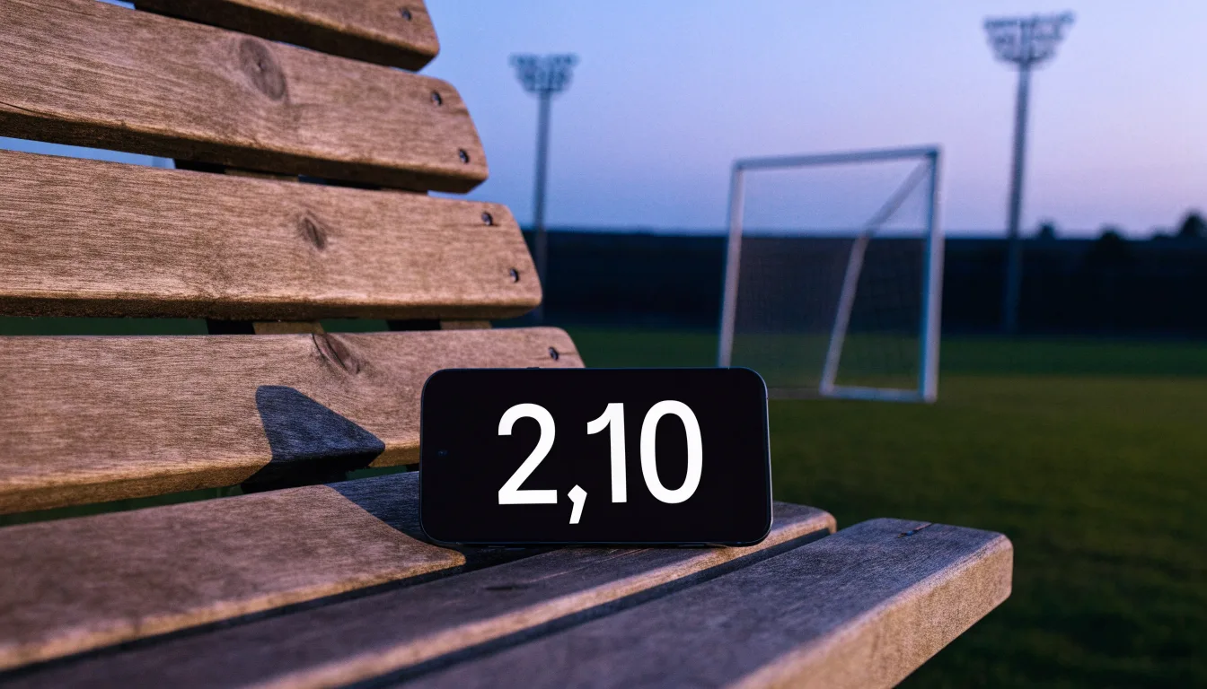 Eine leere Parkbank am Rand eines Fußballfelds in der Abenddämmerung, im Hintergrund ragen dunkle Flutlichtmasten in den Himmel.