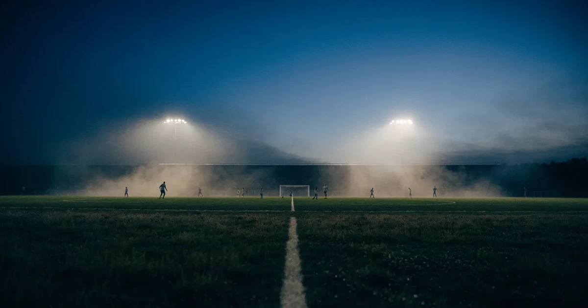 Ein Stadion unter Flutlicht, aus großer Entfernung über eine dunkle Wiese fotografiert, am Himmel zieht Nebel auf.