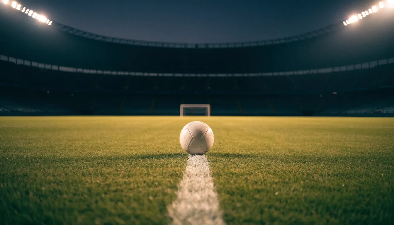 Ein Fußball liegt auf dem Anstoßpunkt eines leeren Rasenplatzes, im Hintergrund steht ein Stadion unter Flutlicht in der Dämmerung.
