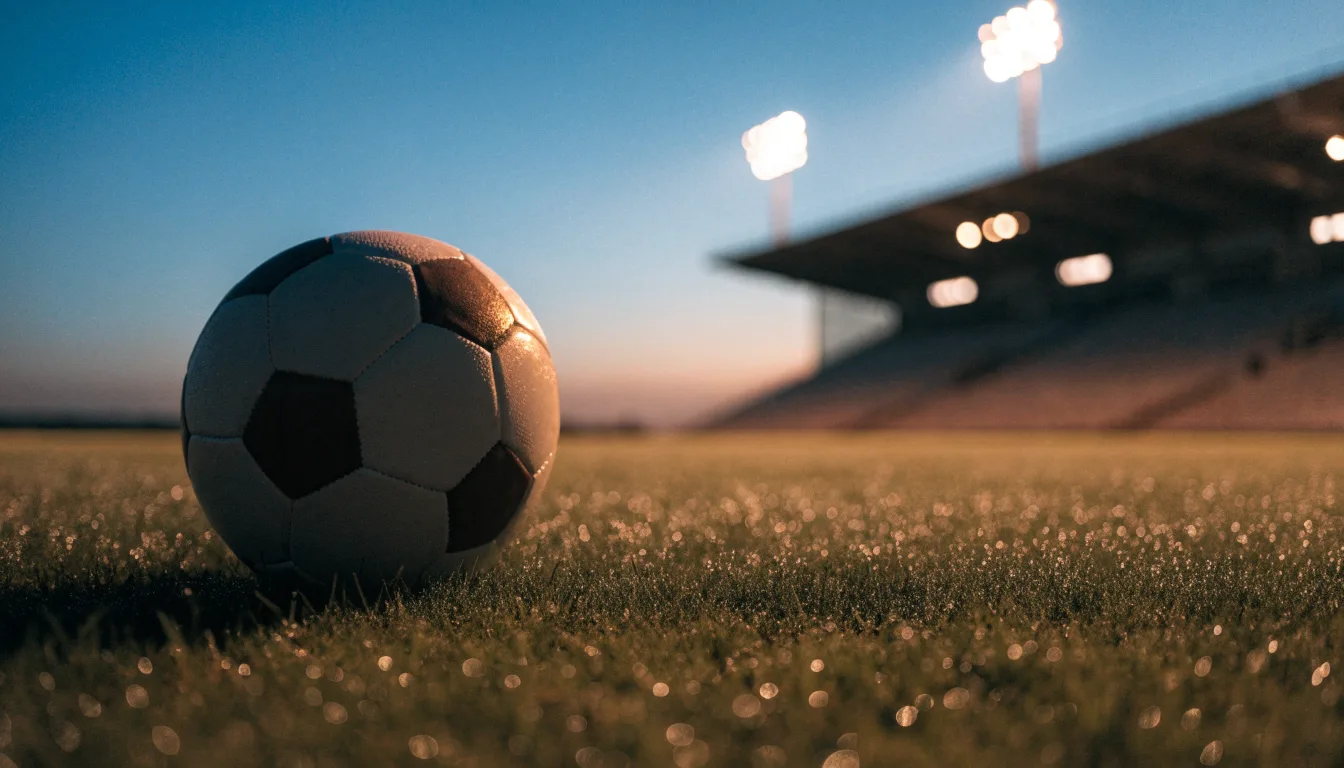 Ein Fußball liegt auf dem Rasen eines leeren Platzes, im Hintergrund ein Stadion unter Flutlicht in der Abenddämmerung.