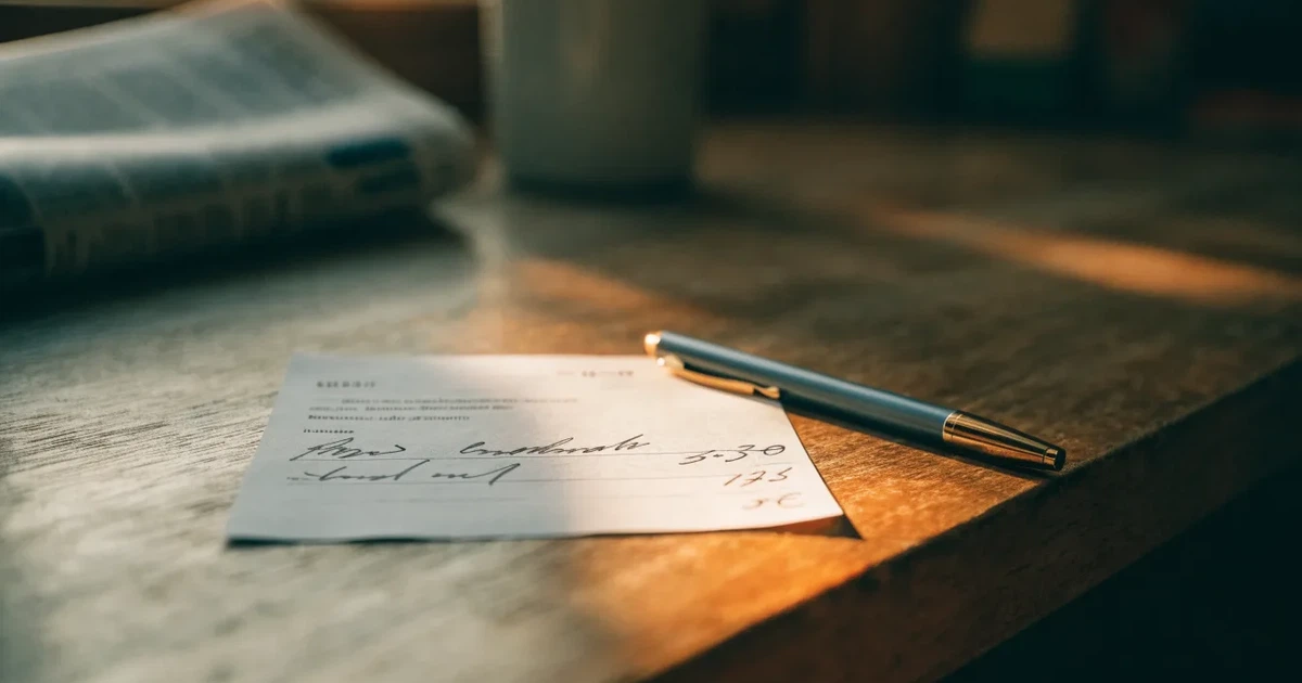 Ein leerer Wettschein aus Papier liegt neben einem Stift auf einer hölzernen Theke, weiches Licht fällt von der Seite ein.