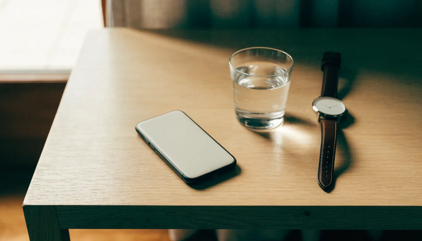 Ein Smartphone liegt mit dem Display nach unten auf einem Küchentisch, daneben stehen ein Glas Wasser und eine Armbanduhr.