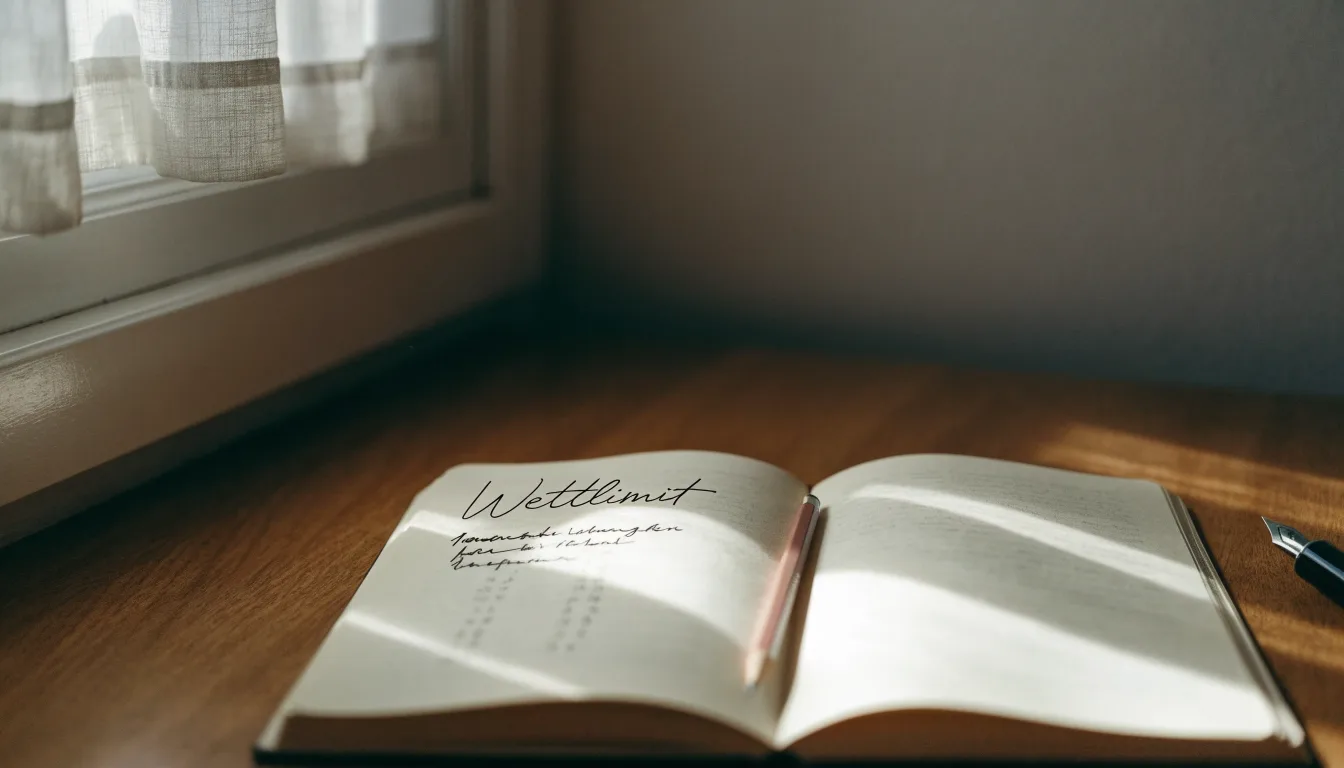 Ein Notizbuch mit handschriftlichen Notizen und ein Bleistift liegen auf einem Schreibtisch am Fenster, draußen fällt Morgenlicht herein.