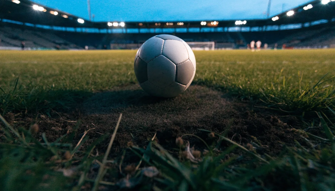 Ein Fußball liegt auf dem Anstoßpunkt eines leeren Rasenplatzes, im Hintergrund steht ein Stadion unter Flutlicht in der Dämmerung.