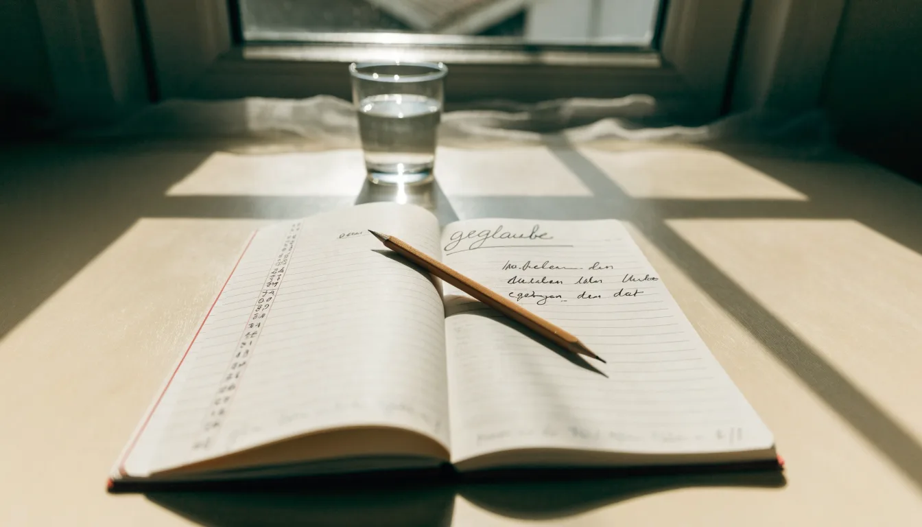 Ein Notizbuch mit handschriftlichen Notizen und ein Bleistift liegen auf einem Schreibtisch am Fenster, draußen fällt Morgenlicht herein.