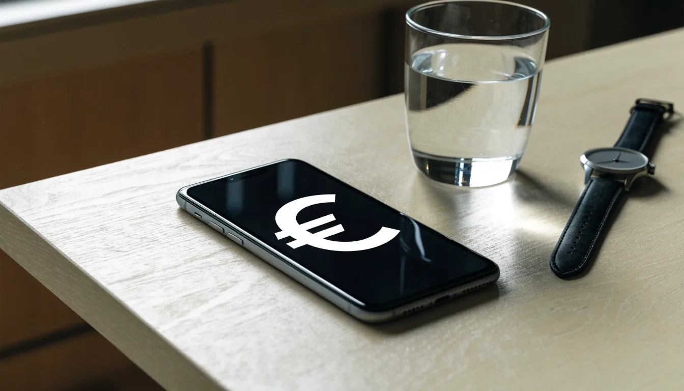 Ein Smartphone liegt mit dem Display nach unten auf einem Küchentisch, daneben stehen ein Glas Wasser und eine Armbanduhr.
