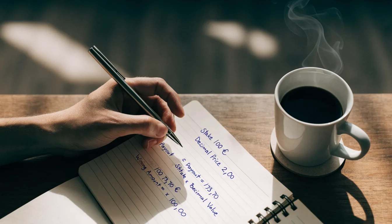 Ein Notizbuch mit handschriftlichen Rechnungen und ein Taschenrechner liegen auf einem Schreibtisch neben einer Tasse Kaffee im Licht des frühen Morgens.