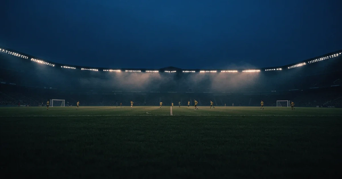 Ein Stadion unter Flutlicht, aus großer Entfernung über eine dunkle Wiese fotografiert, am Himmel zieht Nebel auf.