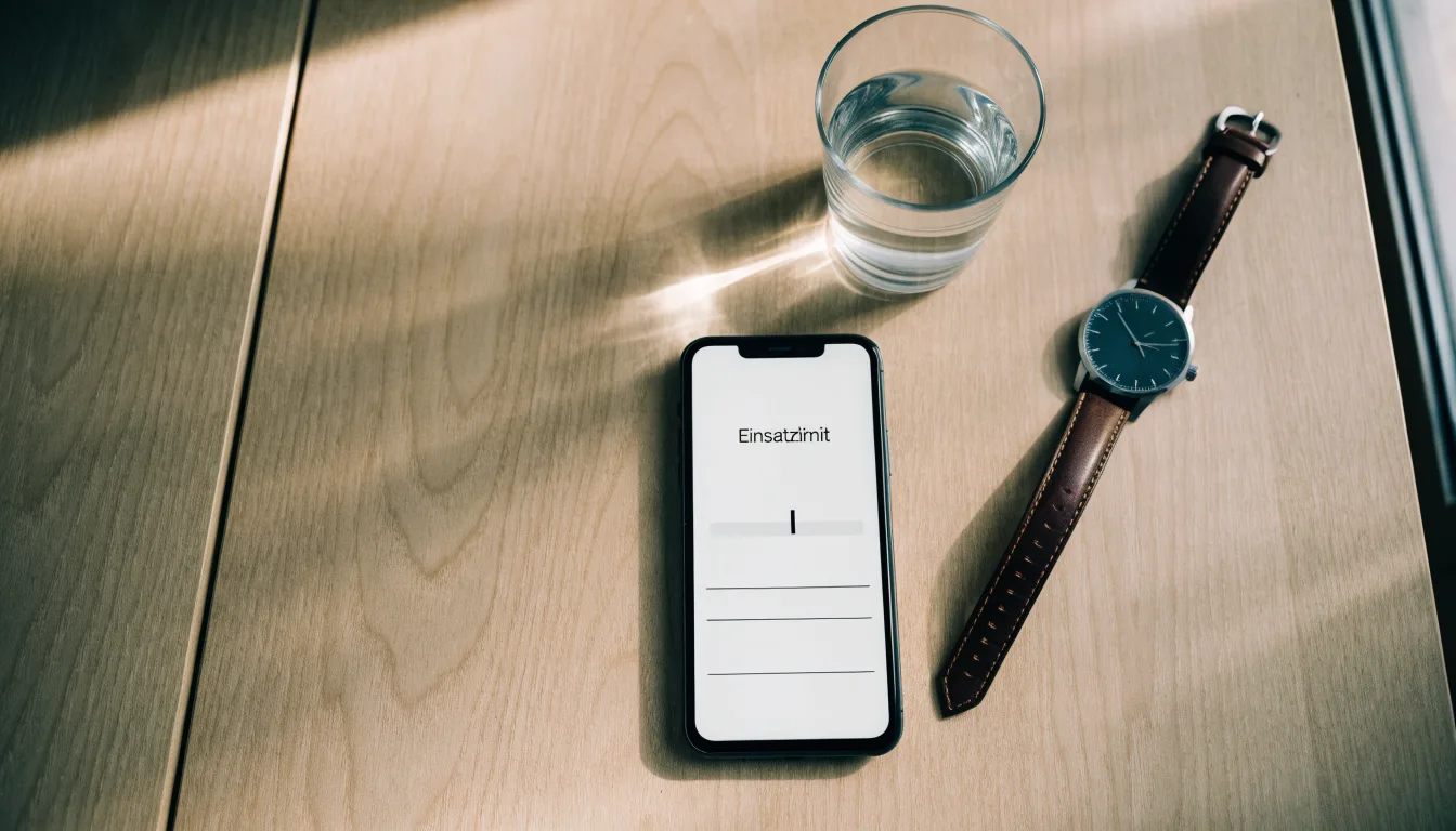 Ein Smartphone liegt mit dem Display nach unten auf einem Küchentisch, daneben stehen ein Glas Wasser und eine Armbanduhr.