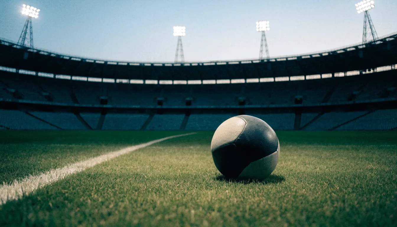 Ein Fußball liegt auf dem Rasen eines leeren Platzes, im Hintergrund ein Stadion unter Flutlicht in der Abenddämmerung.