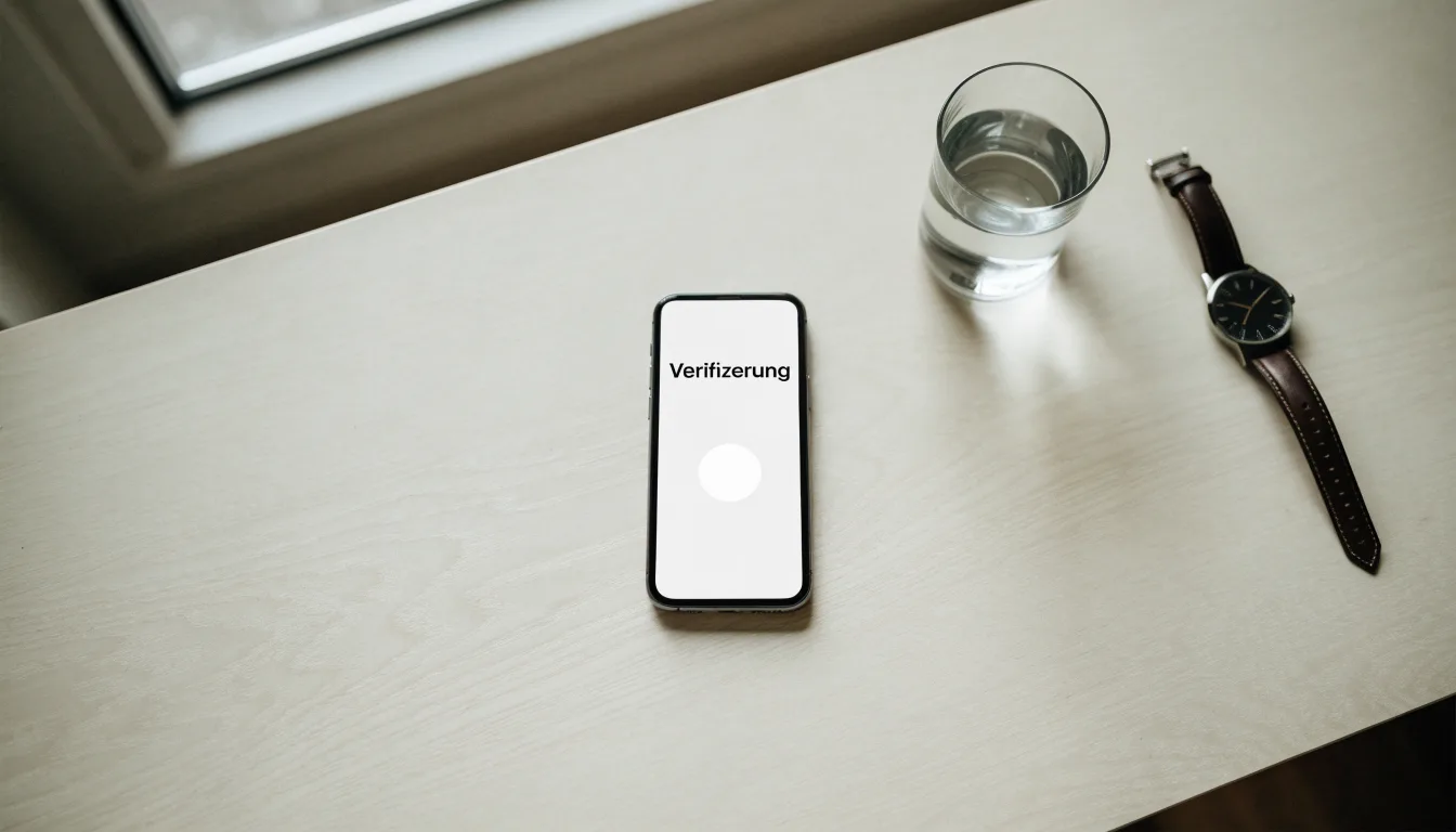 Ein Smartphone liegt mit dem Display nach unten auf einem Küchentisch, daneben stehen ein Glas Wasser und eine Armbanduhr.
