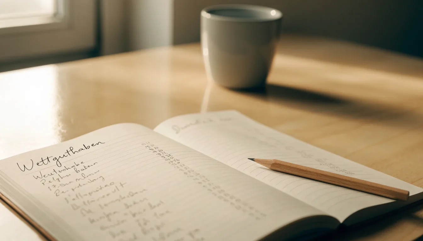 Ein Notizbuch mit handschriftlichen Notizen und ein Bleistift liegen auf einem Schreibtisch am Fenster, draußen fällt Morgenlicht herein.