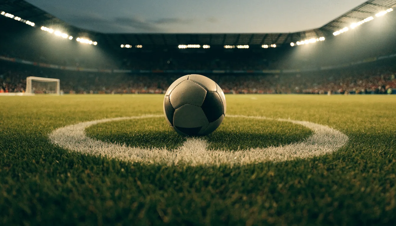 Ein Fußball liegt auf dem Anstoßpunkt eines leeren Rasenplatzes, im Hintergrund steht ein Stadion unter Flutlicht in der Dämmerung.