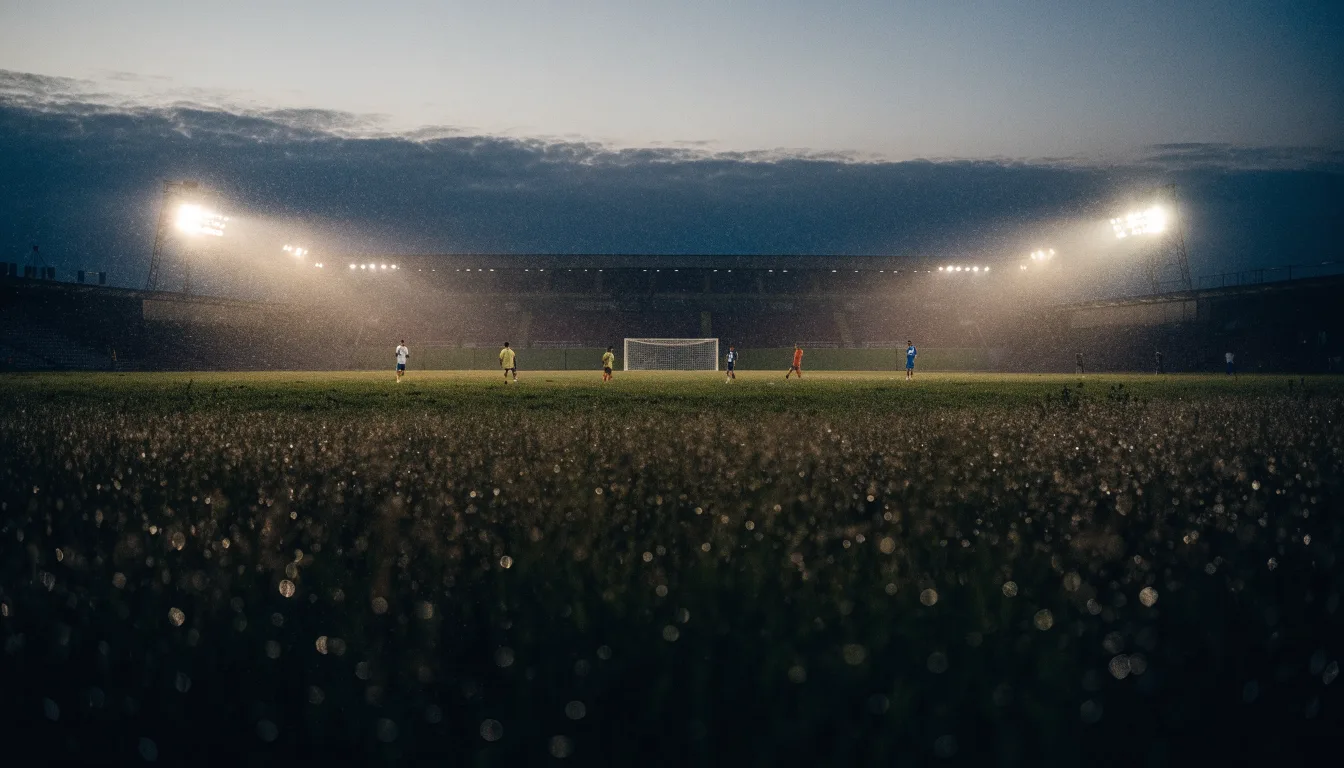 Ein Stadion unter Flutlicht, aus großer Entfernung über eine dunkle Wiese fotografiert, am Himmel zieht Nebel auf.