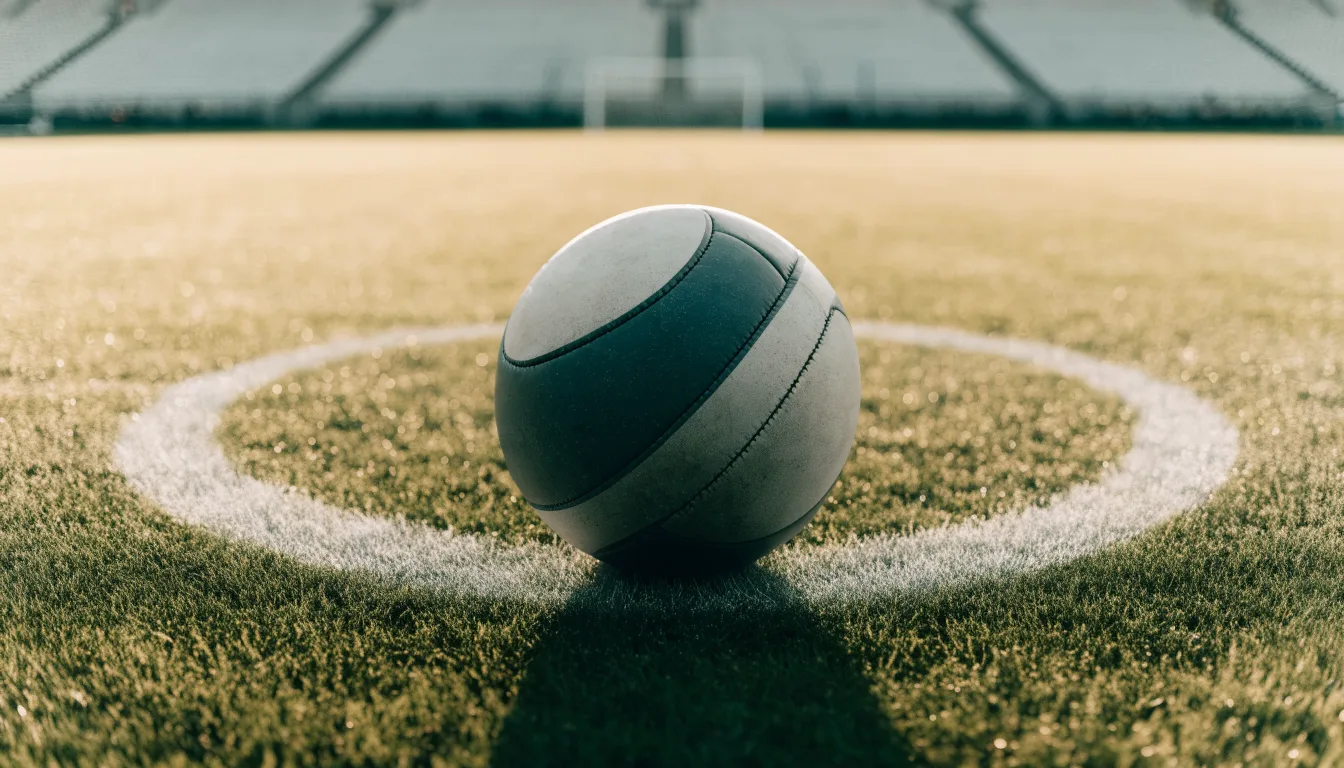 Ein Fußball liegt auf dem Anstoßpunkt eines leeren Rasenplatzes in der Morgendämmerung, im Hintergrund eine leere Tribüne.