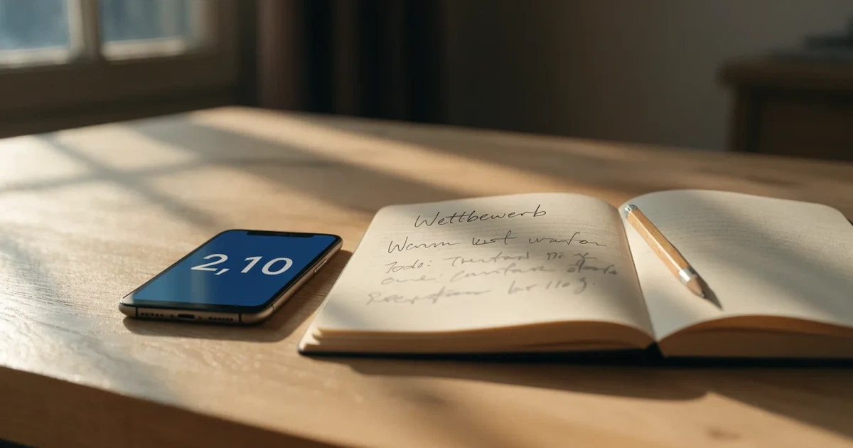 Mehrere Smartphones liegen mit dem Display nach unten neben einem Notizblock und einem Bleistift auf einem hellen Holztisch, seitliches Morgenlicht.
