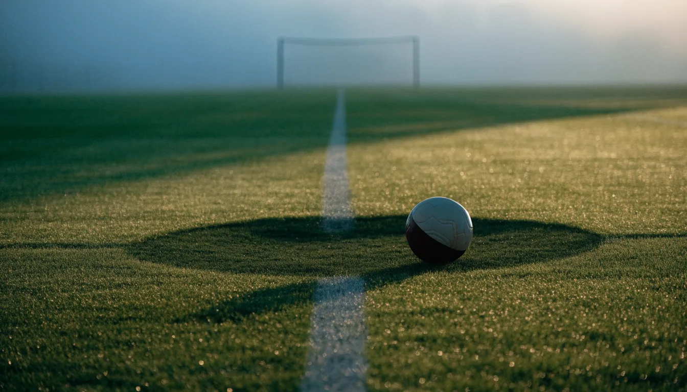 Ein Fußball ruht auf dem Mittelkreis eines leeren Rasenplatzes in der Morgendämmerung, Tau liegt auf dem Gras.