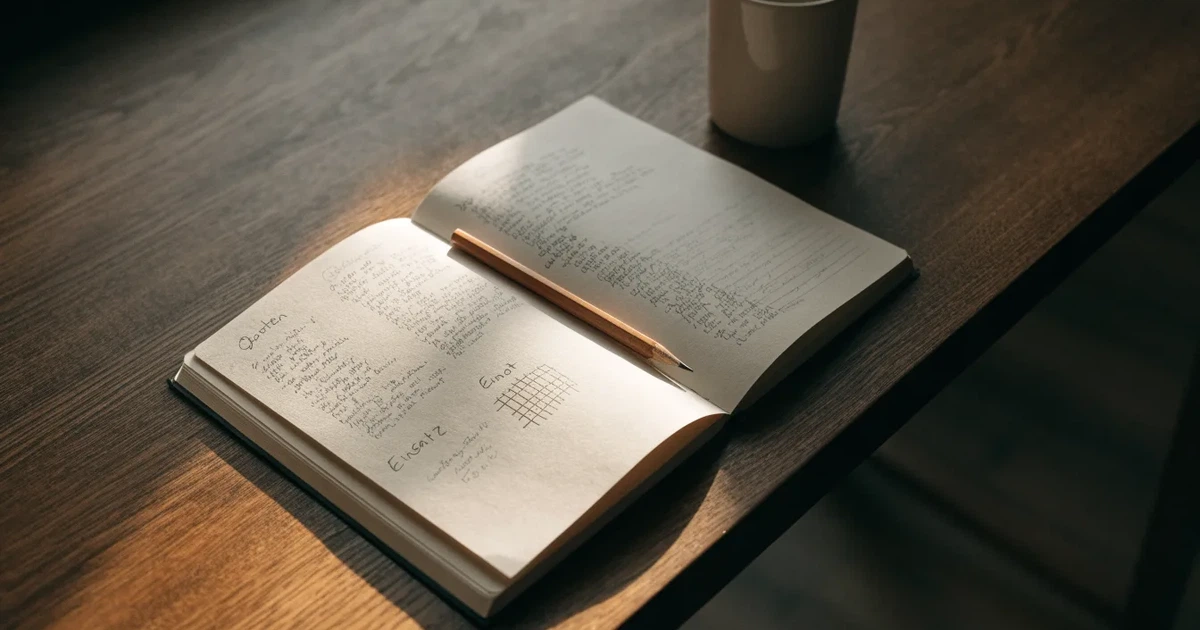 Ein Notizbuch mit handschriftlichen Spalten und Strichlisten liegt neben einem Taschenrechner und einem Bleistift auf einem Schreibtisch.