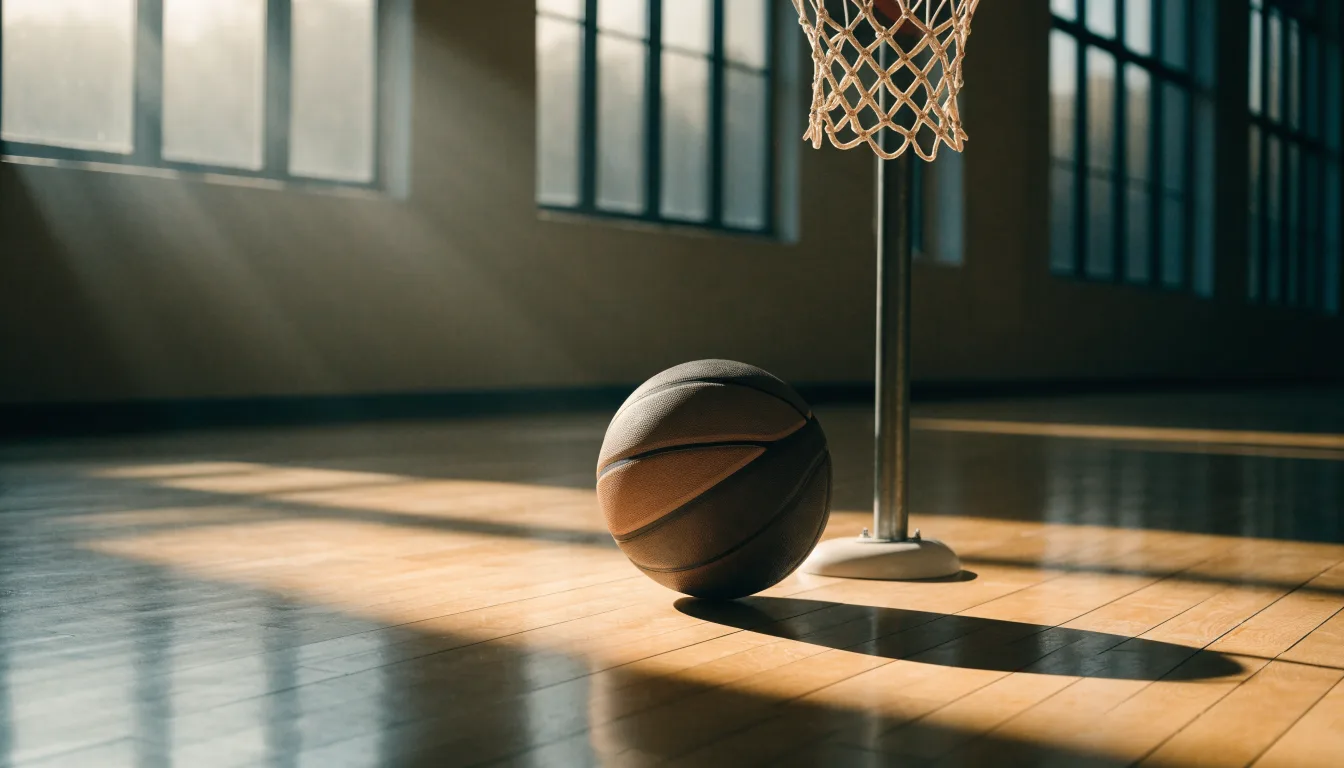 Ein Basketball liegt auf dem Hallenboden unter einem Korb, das Netz hängt ruhig, Morgenlicht fällt durch hohe Fenster.