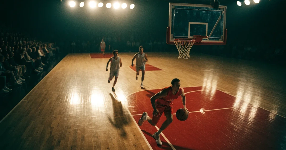 Eine leere Basketballhalle von einer oberen Tribünenreihe aus gesehen, Parkett und Körbe im Licht der Hallenstrahler.