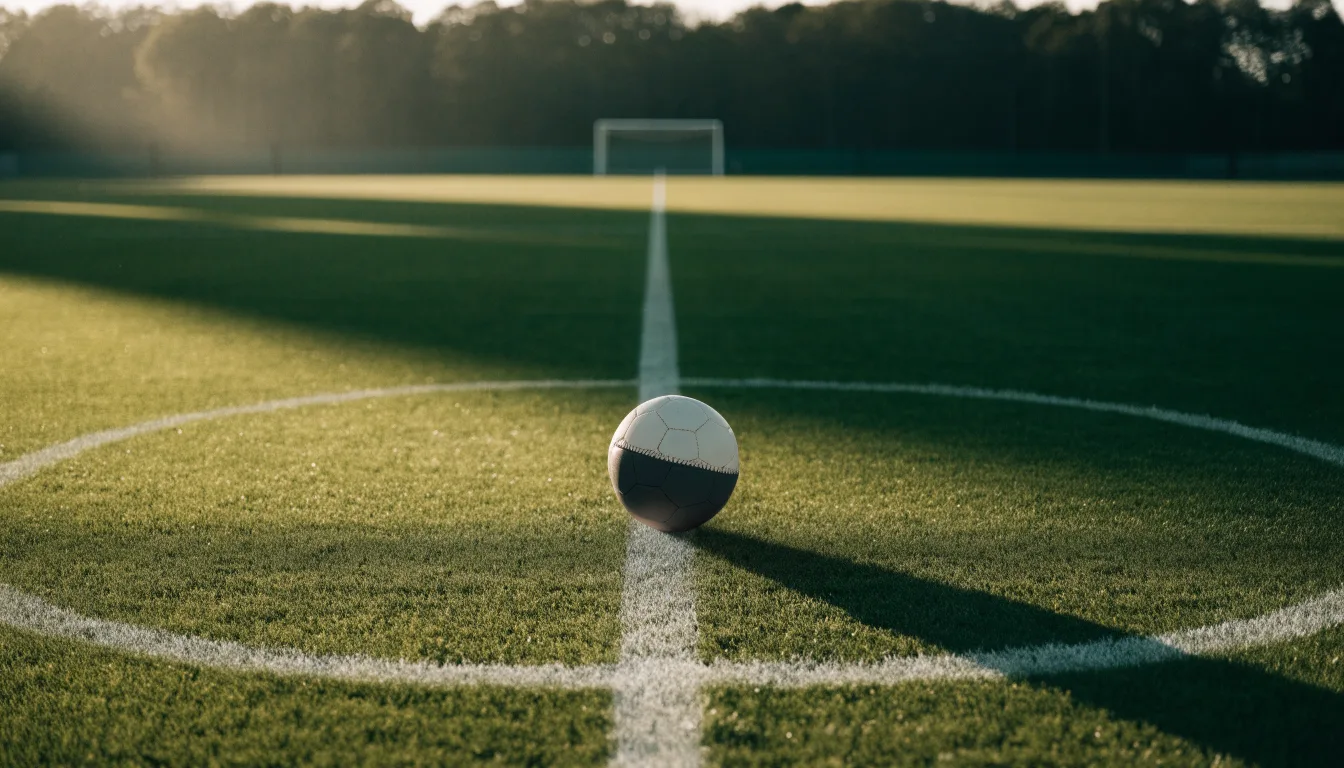 Ein Fußball liegt auf dem Anstoßkreis eines leeren Rasenplatzes im Licht der Morgensonne.