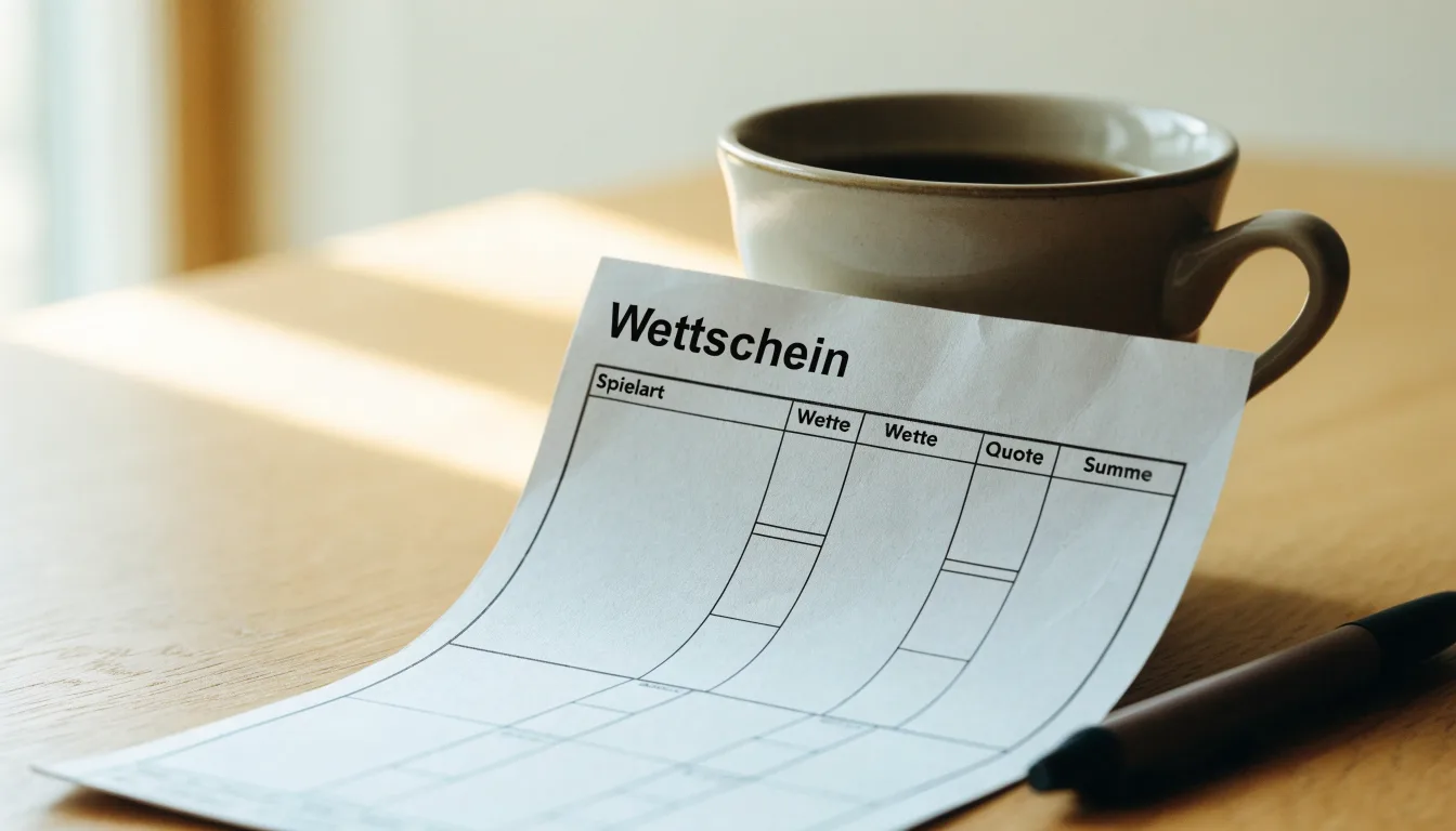 Ein leerer Wettschein aus Papier liegt neben einem Kugelschreiber und einer Tasse auf einem hellen Holztisch.