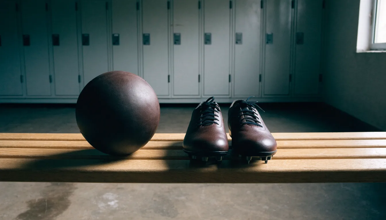 Ein Fußball liegt neben einem Paar Fußballschuhen ohne Markenzeichen auf einer Holzbank in einer leeren Umkleide.