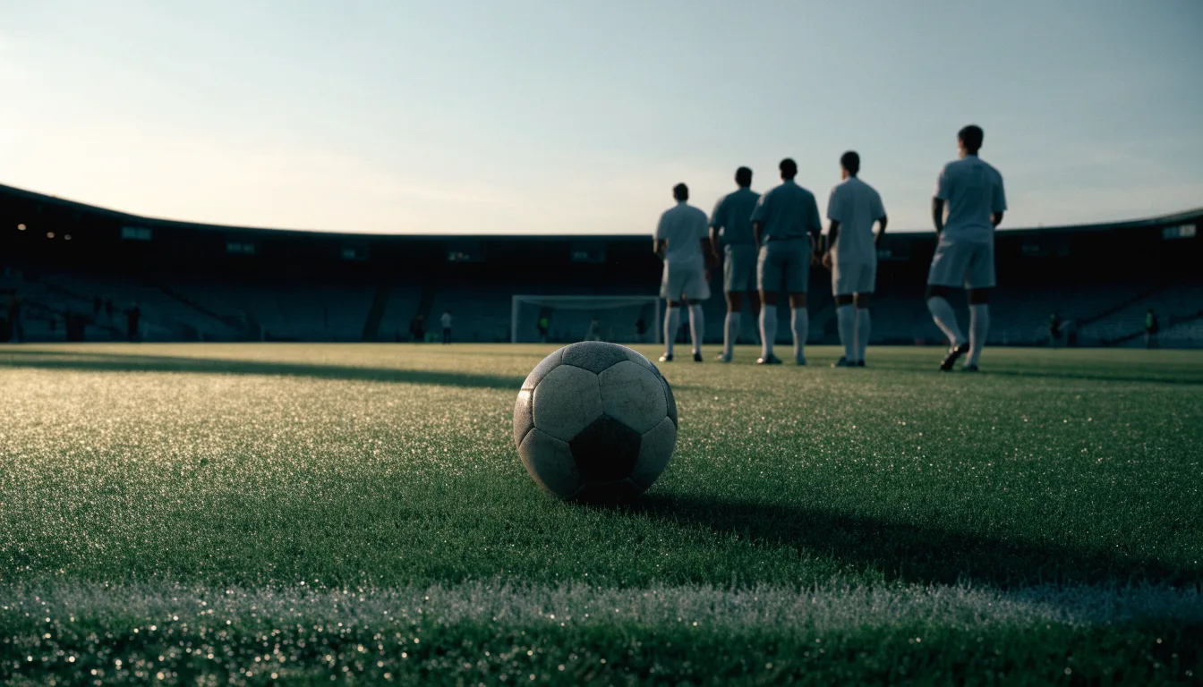 Ein Fußball liegt auf dem Anstoßpunkt eines leeren Rasenplatzes in der Morgendämmerung, im Hintergrund eine leere Tribüne.