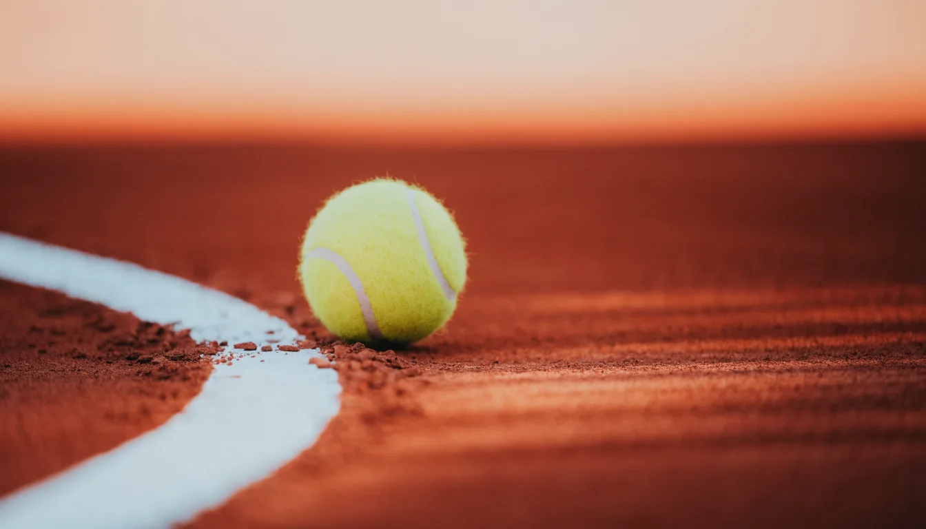 Ein einzelner Tennisball liegt auf rotem Sand neben einer weißen Linie, geringe Schärfentiefe.