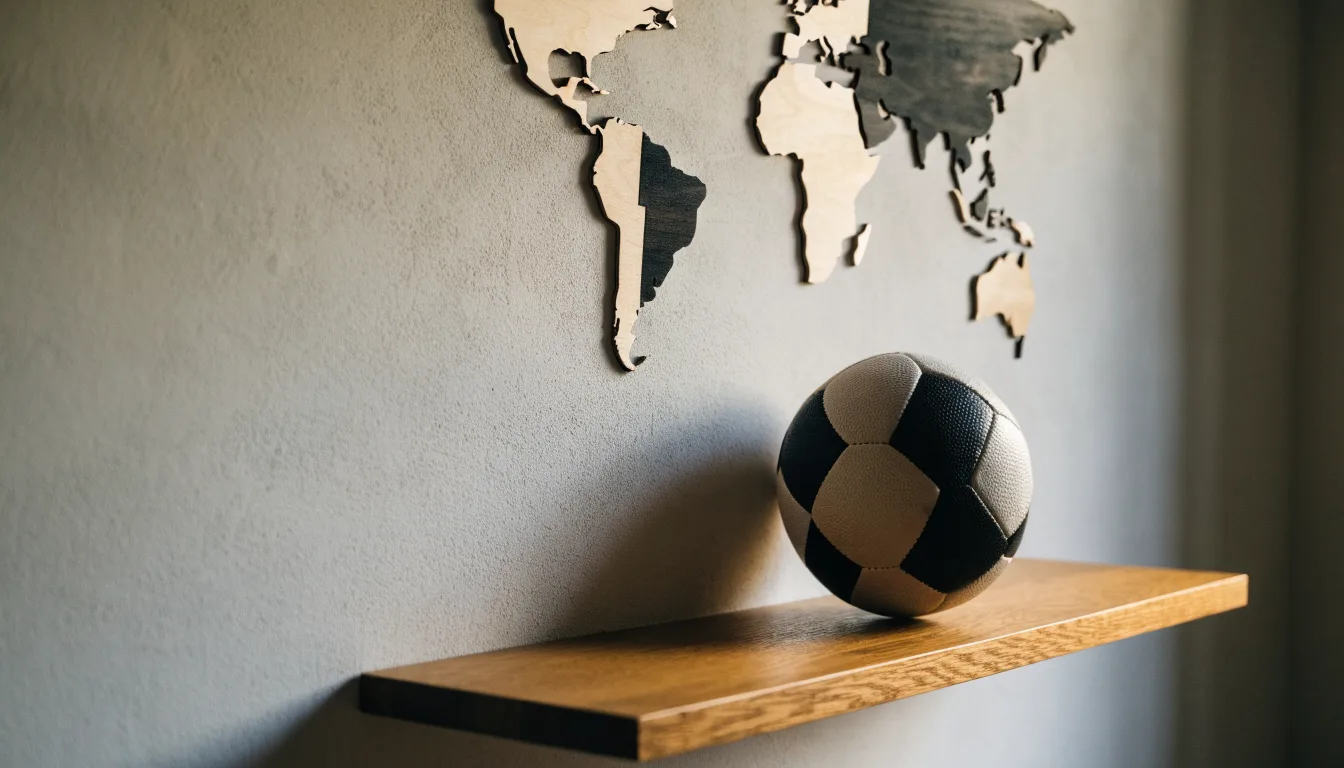 Eine Weltkarte aus Holz hängt an einer Wand, davor liegt ein Fußball auf einem Regal, ohne erkennbare Beschriftung.