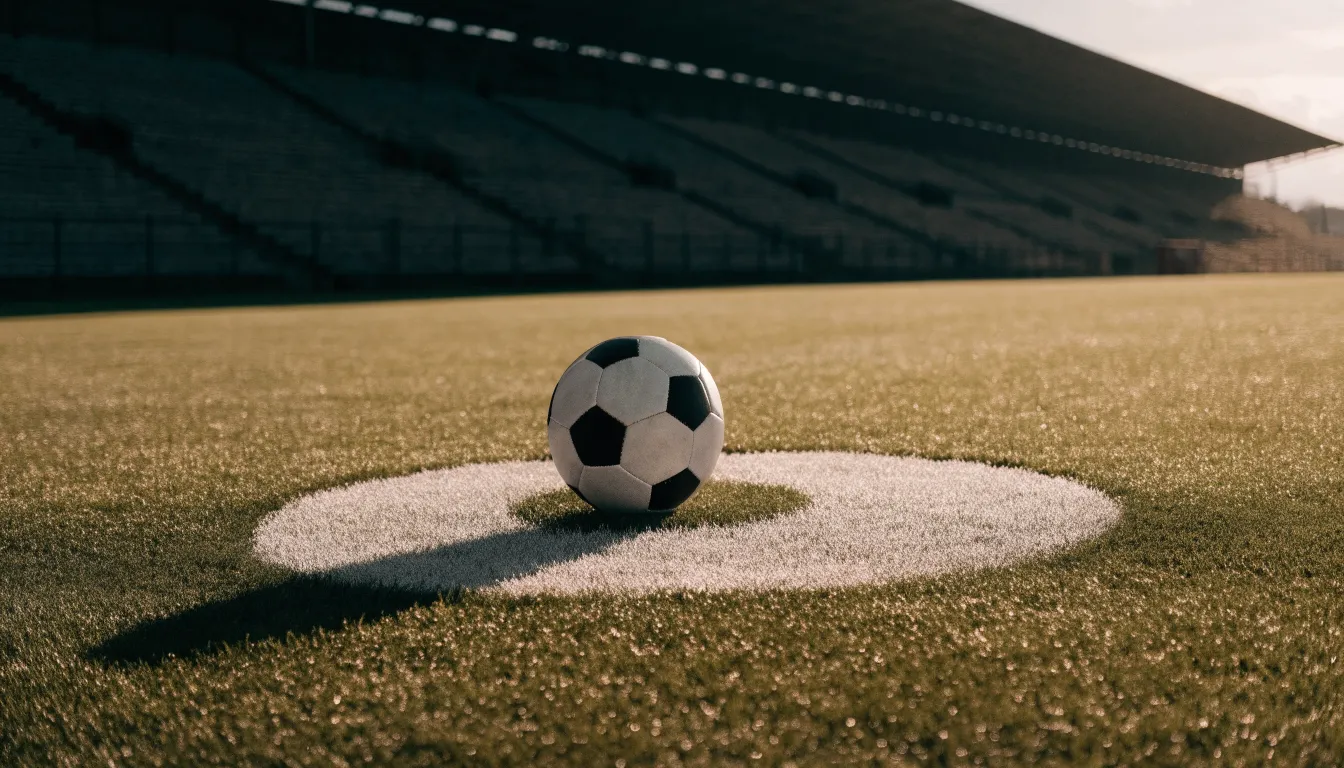 Ein Fußball liegt auf dem Anstoßpunkt eines leeren Rasenplatzes im frühen Morgenlicht, dahinter eine leere Tribüne.