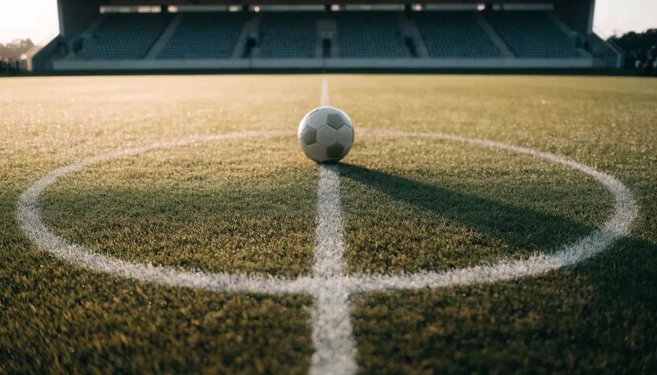 Ein Fußball liegt auf dem Anstoßpunkt eines leeren Rasenplatzes im frühen Morgenlicht, dahinter eine leere Tribüne.