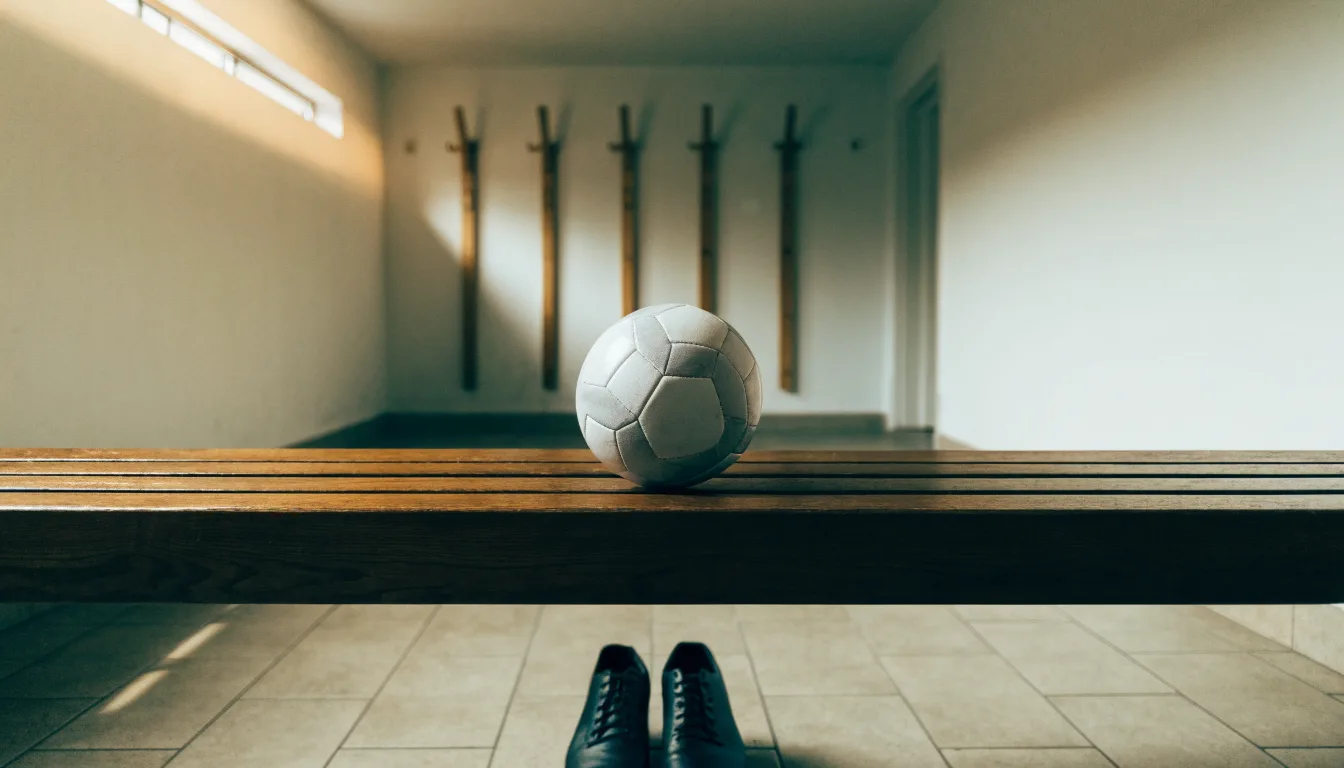 Ein Fußball liegt auf einer Holzbank in einer leeren Umkleide neben einem Paar Fußballschuhen ohne Markenzeichen.