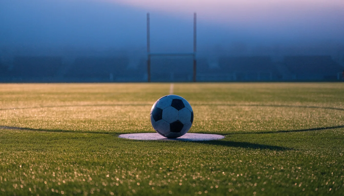 Ein Fußball ruht auf dem Mittelkreis eines leeren Rasenplatzes in der Morgendämmerung, Tau liegt auf dem Gras.