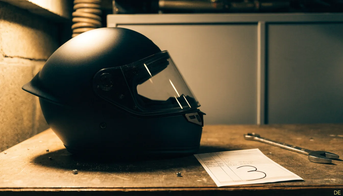 Ein schwarzer Motorradhelm ohne Aufdruck liegt auf einer Werkbank neben einem Schraubenschlüssel, warmes Licht einer Werkstatt.
