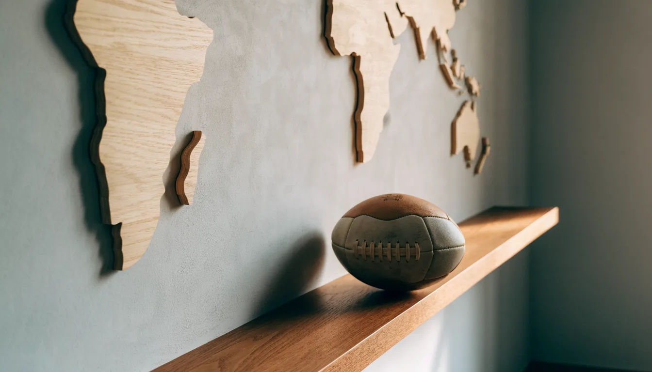 Eine Weltkarte aus Holz hängt an einer Wand, davor liegt ein Fußball auf einem Regal, ohne erkennbare Beschriftung.