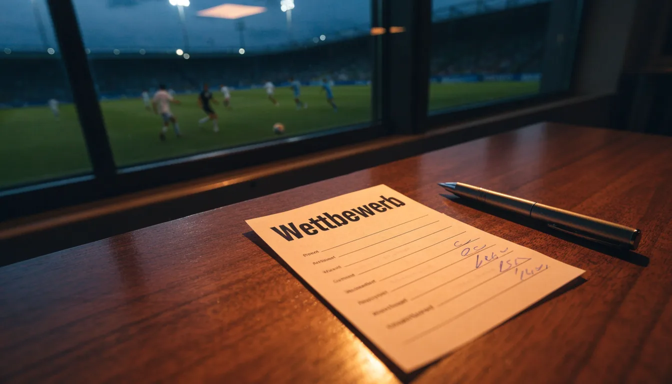 Ein großes Stadion unter Flutlicht, aus der Ferne über eine dunkle Wiese gesehen, die Lichtmasten spiegeln sich im Dunst der Abenddämmerung.