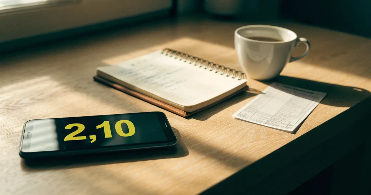 Ein Smartphone mit dunklem Display liegt neben einem Notizbuch mit handschriftlichen Notizen auf einem hellen Holztisch, daneben eine Tasse Kaffee im Morgenlicht.