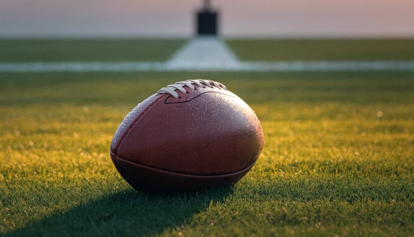 Ein ovaler Lederball mit heller Schnürung liegt auf dem Rasen vor der Endzone, Tau auf dem Gras im ersten Morgenlicht.