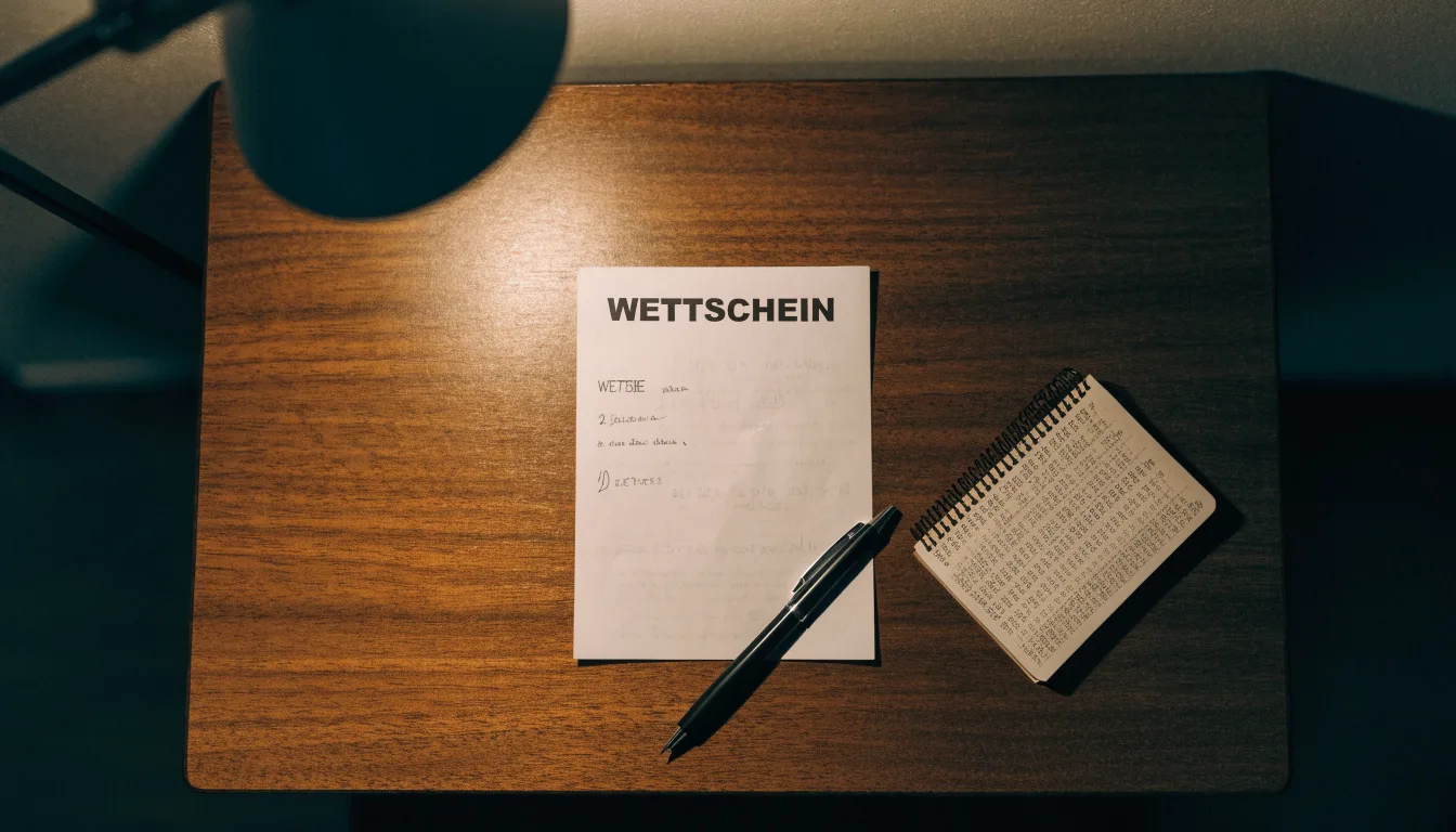 Ein leerer Papierwettschein, ein Kugelschreiber und ein Taschenrechner liegen auf einem Holztisch, warmes Licht einer Schreibtischlampe.