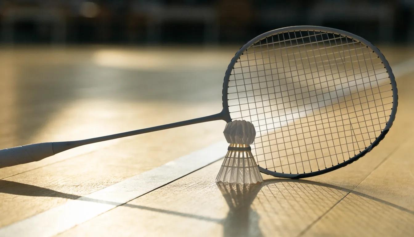 Zwei Badmintonschläger und ein Federball liegen auf einem Holzboden neben der Seitenlinie, weiches Licht fällt von der Seite ein.