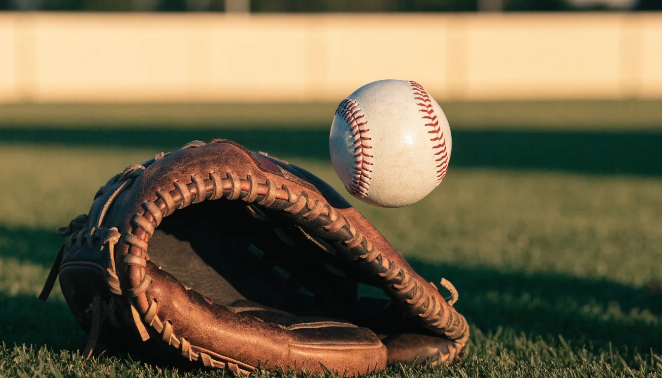 Ein weißer Baseball und ein Lederhandschuh liegen auf kurz geschnittenem Gras, im Hintergrund eine verschwommene Spielfeldbande.