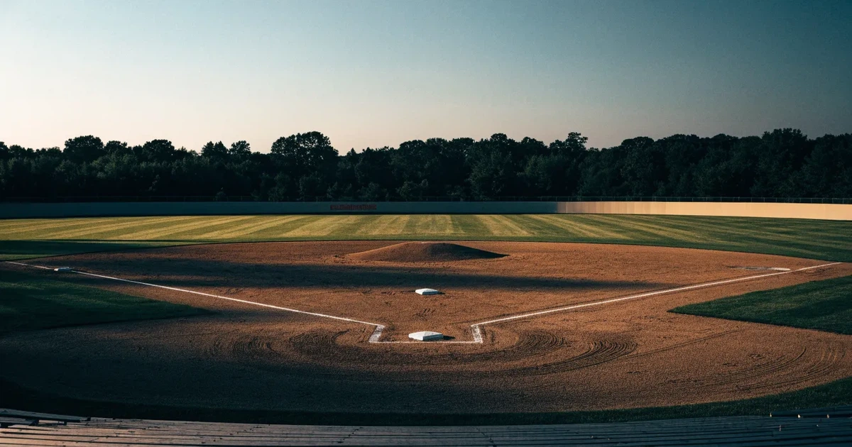 Ein Baseballfeld mit dem hellbraunen Infield und gepflegtem Rasen, von der Tribüne aus gesehen, die Ränge leer, tiefe Abendsonne.