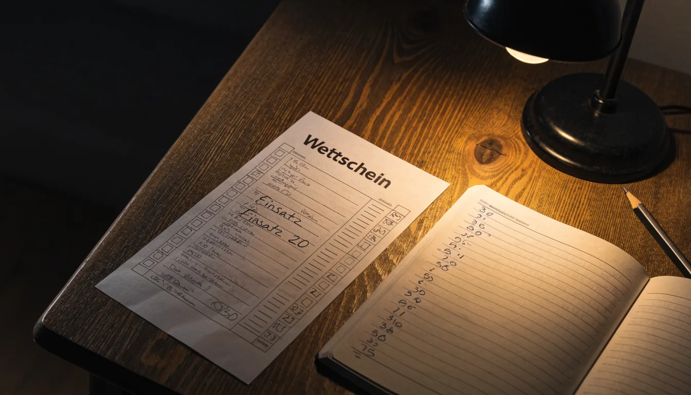 Ein leerer Papierwettschein, ein Kugelschreiber und ein Taschenrechner liegen auf einem Holztisch, warmes Licht einer Schreibtischlampe.