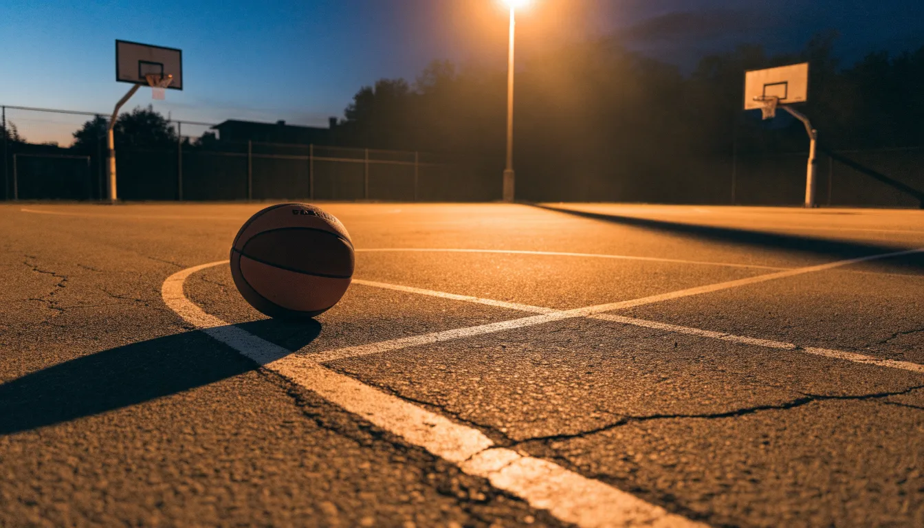 Ein Freiluft-Basketballplatz am Abend mit Asphalt, Linien und zwei Körben unter einer Straßenlaterne.
