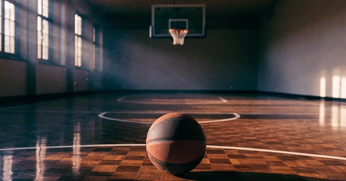 Ein Basketball liegt unter dem Korb auf dem Parkett einer leeren Sporthalle, Licht fällt durch hohe Fenster.