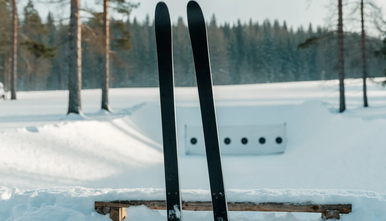 Ein Paar Langlaufskier steckt aufrecht im Schnee neben einem leeren Schießstand mit runden Zielscheiben, kaltes Winterlicht.